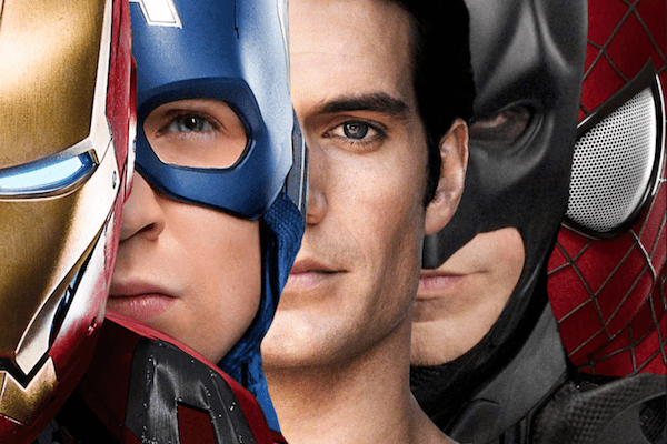 Five superhero headshots lined up behind one another