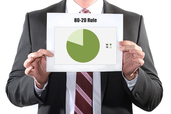 man in suit holding 80-20 rule chart on card