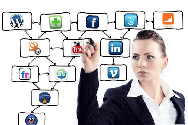 social media icons being connected on a board by a woman