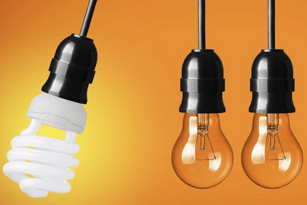 three lightbulbs with one different than the other two